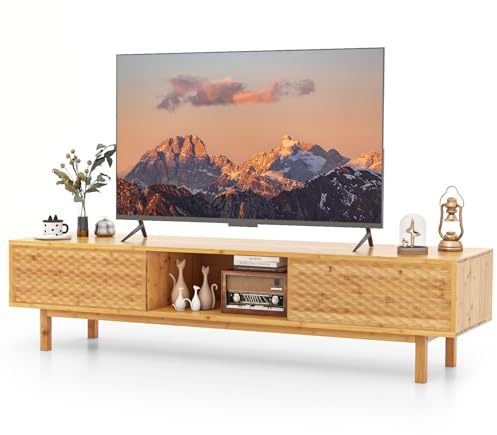 COSTWAY TV Stand for TVs up to 70 Inches, Bamboo TV Cabinet Media Entertainment Center with Sliding Doors and 3 Storage Compartments, 160cm TV Unit Console Table for Living Room Bedroom, Natural