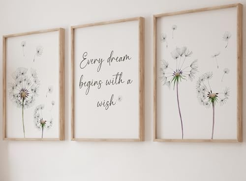 Eviepops Prints Dandelion Quote Wall Art Set of 3 Unframed Prints, Plant Decor, Living Room Bedroom Poster Home Decor, Every Dream Begins with a Wish (A2)