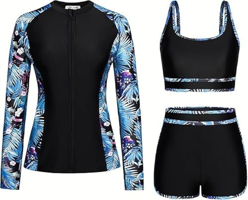 Kate Kasin Damen Bademode Set 3-Teilig Langarm Reißverschluss Rashguard Sport-BH Badehose Schwimmanzug UV-Schutz Schwarzblaues Blatt XL