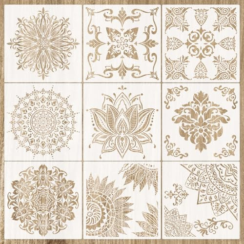 Suxtop 9 Piezas Mandala Plantillas de Pintura Grandes Mandala Stencils Kit Reutilizables Plantillas de Mandalas para Pintar Plástico Plantilla Dibujo de Mandalas para Mueble Pared Madera Tela(30x30CM)