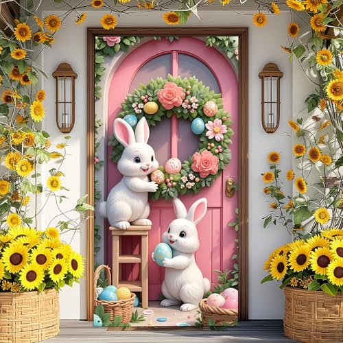 Bannière de décoration de porte de Pâques, 90 x 180 cm, tissu polyester, motif lapin de Pâques avec couronne de fleurs, porte rose