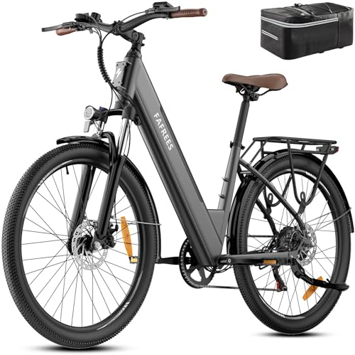 Fafrees 26 Electric Bike for Adults 36V16Ah Removable Battery Ebike 250W Pedal Assist City Ebike,75km Range,Step-Through City Commuter Ebike with 7-Speed,Front Suspension,IPX5(Rear Seat Bag,Gray)