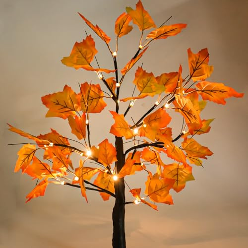 GZGXKJ Arbre lumineux à 24 LED pour décoration d'automne - Avec batterie et port USB - Éclairage pour Thanksgiving, Noël, Halloween