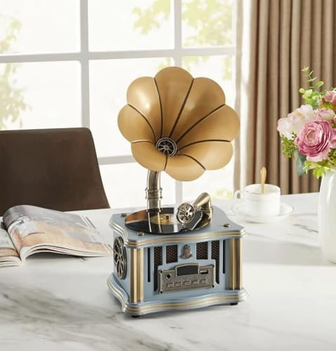 Gramophone Tourne-disque vinyle rétro avec haut-parleurs intégrés, Bluetooth, AUX-IN/USB/FM, style classique pour les amateurs de musique vintage