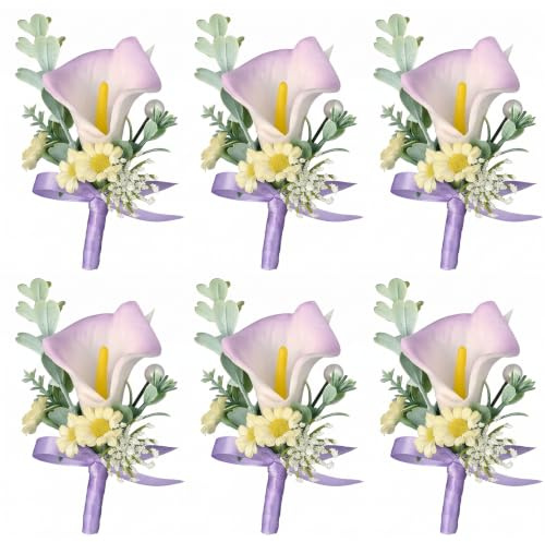 Imooreshine Artificiell Calla Lilja Blommor, 6 st Lila Boutonniere