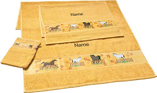 Erwin Müller Kinder-Handtuchset, Frottier-Set 3-TLG. mit Namen personalisiert gelb Größe 70x110 cm + 50x70 cm + 15x21 cm saugstark, 1 Handtuch, 1 Badetuch, 1 Waschhandschuh - 100% Baumwolle