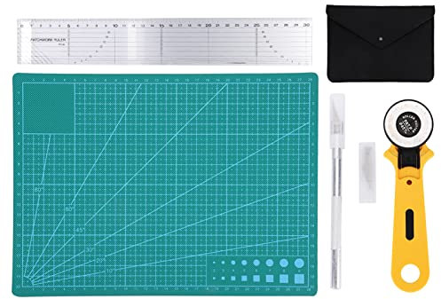 Set Tappetino da Taglio, Akozon 5 Pezzi Taglierina Rotativa per Tessuti Include Borsa Portaoggetti + Righello + Tappetino da Taglio + Taglierino Rotante + Coltello da Intaglio per Cucito, Artigianali