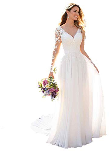 Nanger Robes de mariée col en V et manches longues en mousseline de soie Style bohème