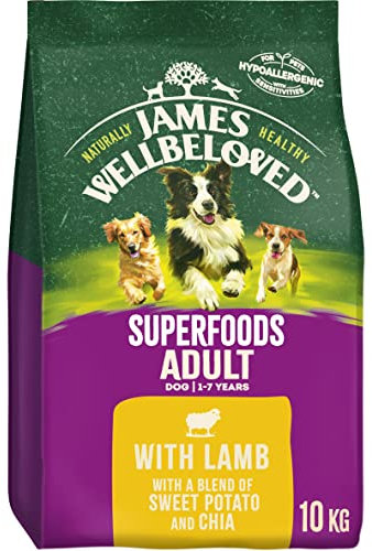 James Wellbeloved Adult Superfoods 10 kg Bag, Hypoallergenic Dry Dog Food, Lamb with Sweet Potato & Chia