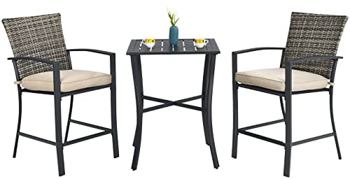 Tangkula 3 Piece Patio Bar Set, Outdoor Bistro Set w/ 27.5 Square Table, 2 Wicker Cushioned Chairs, Ergonomic Armrest & Backrest, All-Weather Rattan Furniture Set for Patio, Backyard, Garden