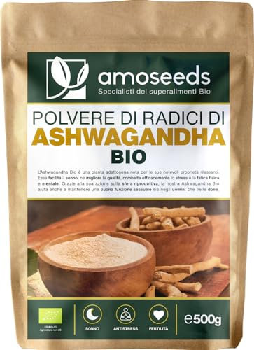 Ashwagandha in polvere Bio 500G | Antistress, Sonno, Adattogena | 100% Radici, Ginseng indiano, Qualità Superiore