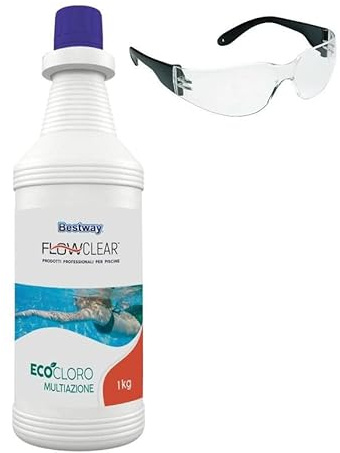 EcoCloro 10 azioni Bestway 1Lt, Ecologico, Non Chimico, Sanificante, Antialghe, Azzurrante con occhialini Anti UV Utilia