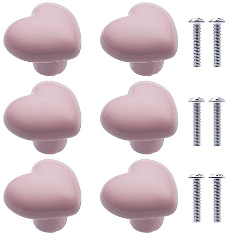 NAKUPENDA 6Pcs Boutons de Placard en Céramique Boutons de Tiroir de Placard en Céramique en Forme de Cœur Poignées pour Armoires de Cuisine de Bibliothèque (Rose Clair)