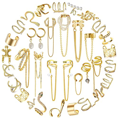 35 PCS Gold Silver Adjustable Ear Cuffs Earrings for Women Non-Piercing Cartilage Clip on Earrings Wrap Ear Jewelry Set,Punk Snake Butterfly Claw Stud Earrings Gift (Gold)