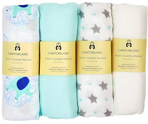 Cantoblanc® MUSELINAS bebé ALGODÓN BAMBÚ 120x120 cm, 4 UDS Extra Suaves. Arrullo Bebé Recién Nacido Verano. Toalla Manta Bebé Recién Nacido. Gasas Muselina Bambú Pañales Fraldas Pano.…