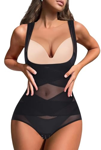 Chumian Bodysuit for Women Shapewear Waist Trainer Body Shaper Mesh Slimming Shaping Bodysuits Tummy Control Top (Black, XL)