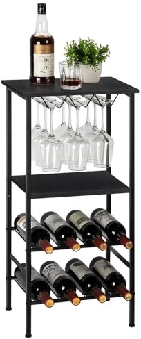 smusei Weinregal Stehend, Flaschenregal mit Tischplatte und Weinglashalter, 4 Ebenen Weinschrank Weinständer Metall für 8 Flaschen Wein, Weinaufbewahrungsorganisator für Küche Weinkeller Bar - Schwarz
