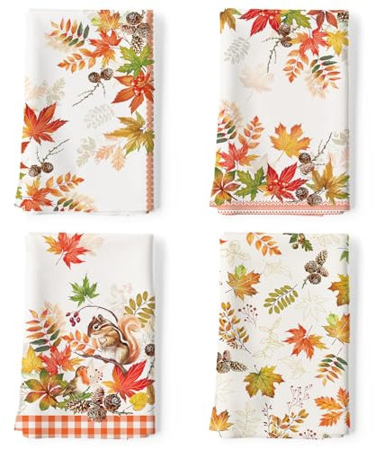 Arquiel Paños y Toallas de Cocina Algodon Set de 4, Toallas de Plato 100% Algodón Paño de Cocina Suaves y absorbentes Toallas de té y Toallas de Barra 48 x 70CM Hoja De Arce Ardilla