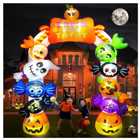 Kalolary 10FT Tall Halloween Inflatables Archway Candy Ghost, Giant Halloween Decoration Pumpkin Arch Blow Up Yard Decorations with Build-in Lights for Garden Lawn Indoor Outdoor Decor