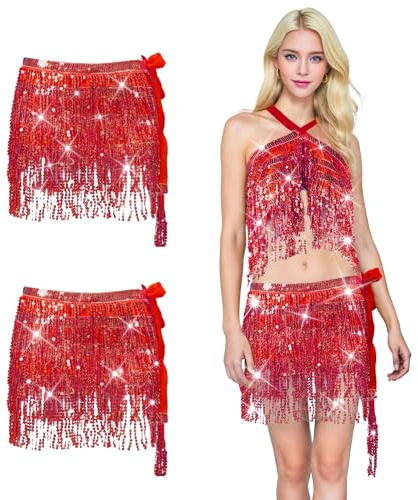 Baisdan 2 Pack Sequin Tassel Skirt for Women Girls - Sparkly Sequin Skirts Festival Outfit, Carnival Costumes (Waist/Bust Under 31.5)