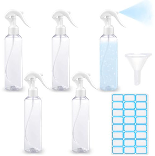 5 Stück Sprühflasche, 200ml Kleine Sprühflaschen zum Befüllen, Transparent Kunststoff Zerstäuber Sprühflasche mit Trichter Etiketten, Wiederverwendbare für Haare, Pflanze, Blumen, Kosmetik, Reisen