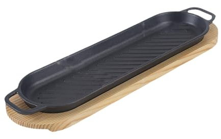 F Fityle Plaque à Steak en Fonte Teppanyaki Grill avec Base en Bois Assiette de Service à Steak Poêle à Steak Chaude pour la Cuisine du Restaurant à Domicile, Allongé