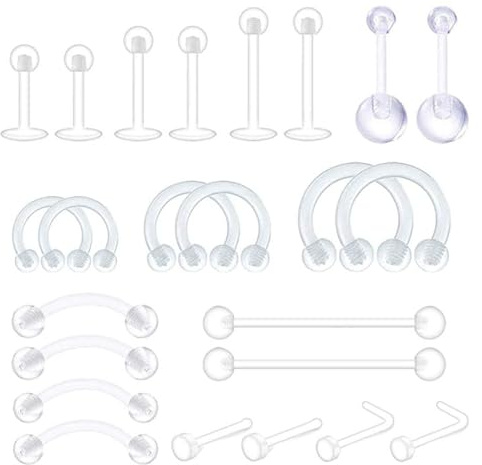 HANIUTTY 24 Pcs Piercing Plastique Retainers, Piercing Transparent Invisible Nez Labret Oreille Nombril Lèvre Septum Helix Silicone Barre Langue Téton Tragus