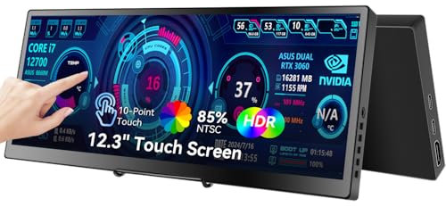 Monitor táctil portátil 12.3, 1920 x 720 IPS, mini pantalla táctil, monitor de viaje con soporte plegable y altavoz, HDMI USBC CNC, monitor externo para ordenador portátil, teléfono, Aida64, GPU CPU