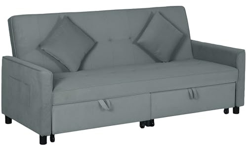 HOMCOM Divano Letto 3 Posti Reclinabile con Braccioli, Divano 3 Posti Angolare Trasformabile in Tessuto con Letto Matrimoniale Estraibile, 2 Cuscini per Soggiorno e Salotto, 196x90x89 cm, Grigio