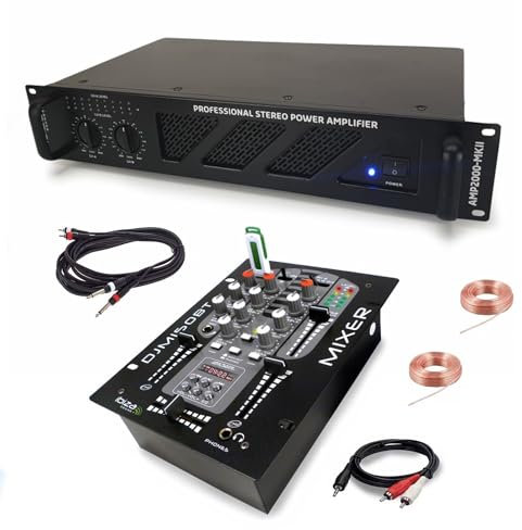 Ibiza - Pack DJ Sono Ampli Ibiza Sound AMP2000-MKII 3000 W - Mezclador Bluetooth DJM150USB-BT USB Jack - Cables RCA Jack para altavoces incluidos