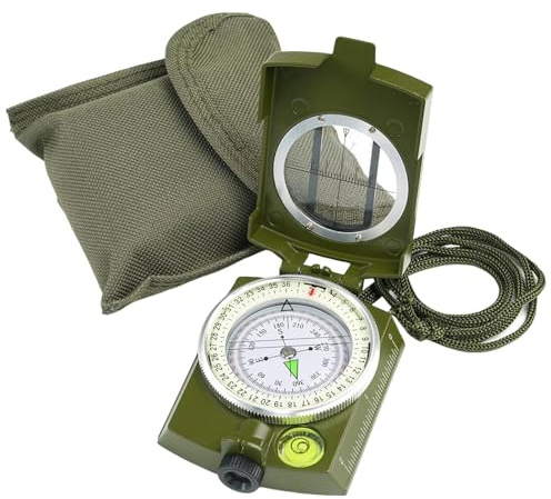 Brújula de Marcha Militar con Efecto Fluorescente Compas, Brújula Profesional con Clinómetro Brújula Militar Impermeable, con Bolsa de Transporte para Senderismo,Brújula al Aire Libre Táctica(Verde)