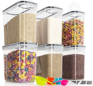 6-Pack Airtight Food Storage Containers (4L Each) – BPA-Free Plastic Cereal & Dry Food Dispensers – Stackable Pantry Organizer Bins for Kitchen – Flour, Rice, Pasta, Snacks with Leakproof Lids