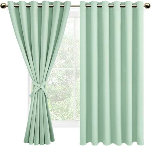 DWCN Blackout Curtains for Bedroom with Tiebacks Bean Green W90 x L72 Inch | 2 Panels, Extra Wide, Thermal Insulated, Energy Saving, Solid Eyelet Black Out Curtains for Living Room, Nursery, Kids Room