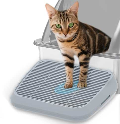 TAILRYTH Elevated Litter Box Ramp/Steps for Kittens & Old Cats,Washable Litter Catcher Stairs for Automatic Cat Litter Box,Anti-Tracking Cat Litter Mat Pedal with Filter,Easy to Clean (Light Grey)