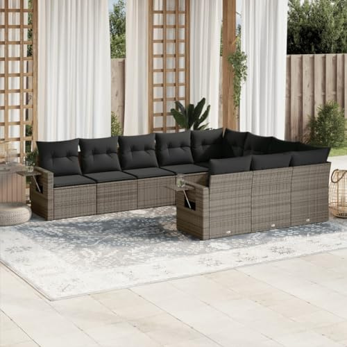 Ensemble de 10 meubles de jardin en polyrotin gris avec coussins - Groupe de sièges modulaires pour balcon, salon - Résistant aux UV
