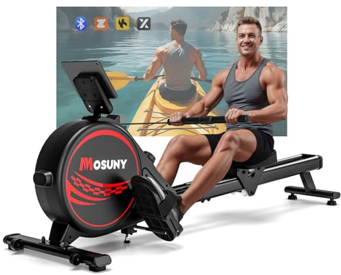 Rowing Machine, MOSUNY Magnetic Rowing Machines for Home Gym with 16 Levels Resistance, Maximum Load of 350 LB, Upgrade to Double Slide Rails, App Supported