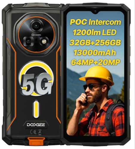 DOOGEE Móvil Rugerizado 5G Fire 7 Pro, Intercom POC, Linterna 1200lm, 32GB+256GB, 13000mAh, 64MP+20MP Visión Nocturna, 6.6'' HD+, Gemini AI, Smartphone IP68 IP69K Resistente, 3 Ranura, NFC Naranja