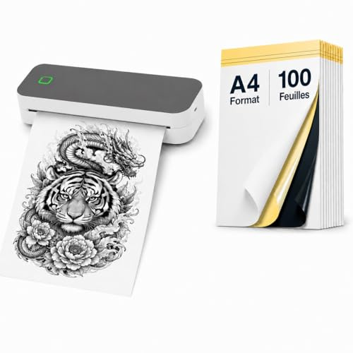 Ablemark Imprimante Thermique A4 Bluetooth + Papier Transfert Tatouage A4 100 Feuilles