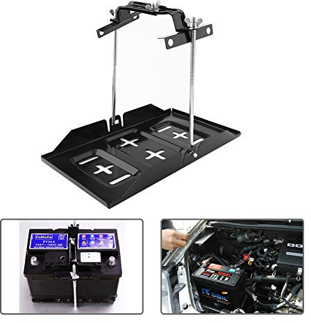 Battery Tray, Universal Metal Car Battery Tray Adjustable Hold Down Clamp Kit Clamp Width Adjustable Range 135-190mm for Glass Fiber Battery Box