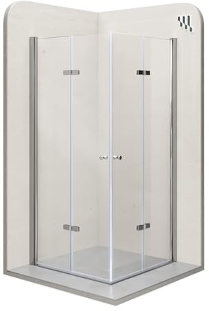 Mampara de Ducha Emma-80x80x190cm|REVERSIBLE|Puertas Plegables, Ajuste 78,5-80,5x78,5-80,5cm|Perfiles Cromo, Cristal Templado Transparente 6mm