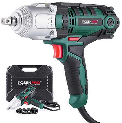 POSENPRO Electric Impact Wrench, Heavy Duty 550W Corded 500N.m Max Torque Impact Wrench Gun, 1/2 Inch with Detent Pin Anvil, 4 Pcs Impact Sockets and Carry Case
