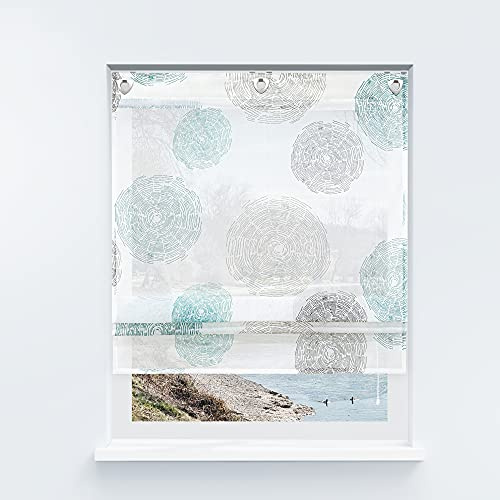 Yujiao Mao Voile Raffrollo ohne Bohren mit Kreise Druck Design Ösenrollo Raffrollos mit Hakenaufhängung Transparenter Vorhang Blau BxH 120x140cm 1 Stück