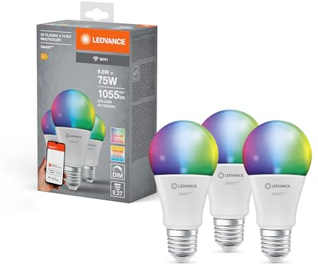 LEDVANCE Lampe LED intelligente avec technologie WiFi, E27-base, optique mate,Couleurs RVBW modifiables, couleur de lumière modifiable (2700K-6500K), 1055 Lumen,Remplacement de 75W-Ampoules 3-Pack