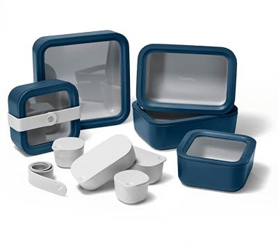 Caraway Glass Food Storage Set, 14 Pieces - Ceramic Coated Food Containers - Easy to Store, Non Toxic Lunch Box Containers with Glass Lids - Includes Storage Organizer & Dot & Dash Inserts - Navy