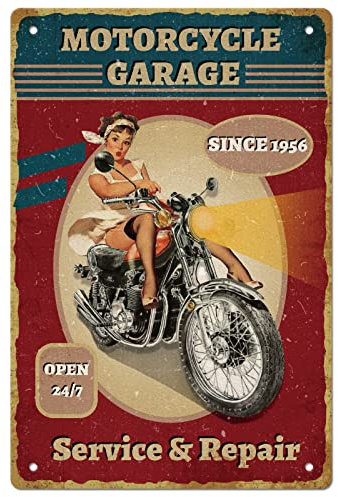 SUPERDANT Cartello in Metallo Moto Garage Open 24/7 Segno di Latta con Placca Murale Ragazza Donna Sexy sulla Moto Targhe in Metallo Divertente Vintage Poster Da Parete per Bar Man Caverna