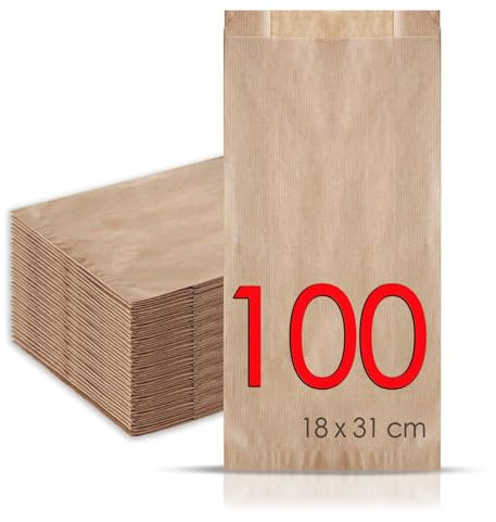 MAMAPAS 100 Kraftpapiertüten 18+7x31, butterbrottüten, Papiertüte für Brot, Kleine Tüten für Süßigkeiten, Krafttüten, Plätzchentüten Papier, Geschenktüten, Sandwichtüten, Bäckertüten, brottüten