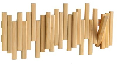 MinBoo Bamboo Multi Hook Coat Rack – Modern, Unique, Space-Saving Coat Hanger with 4 Flip-Down Hooks for Hanging Coats, Christmas Decorations,Bamboo