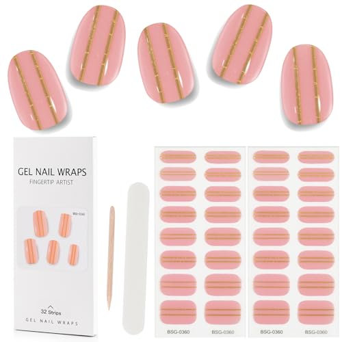 Kalolary 32PCS Cured Gel Nail Polish Strips, Adhesive Full Wrap Gel Nail Art Sticker, Waterproof Gel Nail Wrap Stickers with Nail File and Stick（UV/LED Lamp Required） (Gold Stripe Pink)
