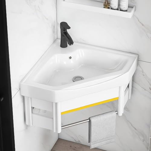 Fregadero de Baño de Esquina Para Montaje en Pared, Fregadero de Cerámica, Lavabo de Baño Montado en La Pared, Gabinete de Tocador de Baño de Esquina Pequeño, Para Grifo Y Desagüe Cromado Superior ( C