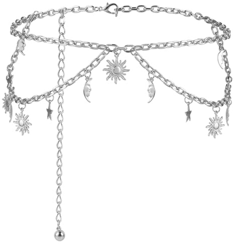 GEEHUA Double Layer Metal Chain Belt, Moon Star Waist Chain Fashion Link Belt Skinny Dress Waist Chain Belt For Women(Silver)